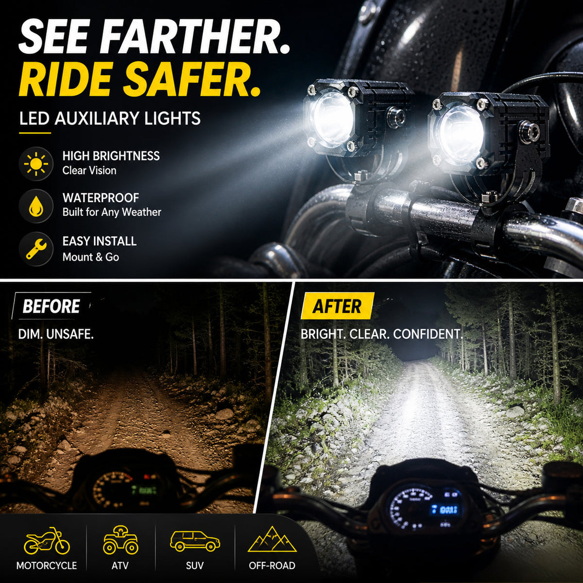 🎉 2026 Sale — Over 40,000 Sold! 🏍️ Universal Motorcycle LED Spotlights – Dual Beam & All-Weather Waterproof 💡