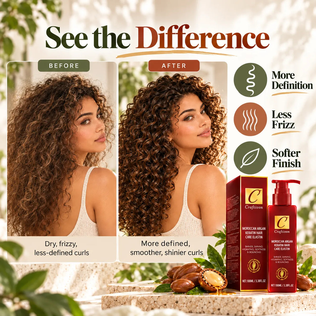 🎁Argan Oil & Avocado Curl Defining Leave-In Cream – Moisturizing Hair Styling Cream for Soft, Frizz-Controlled Curls