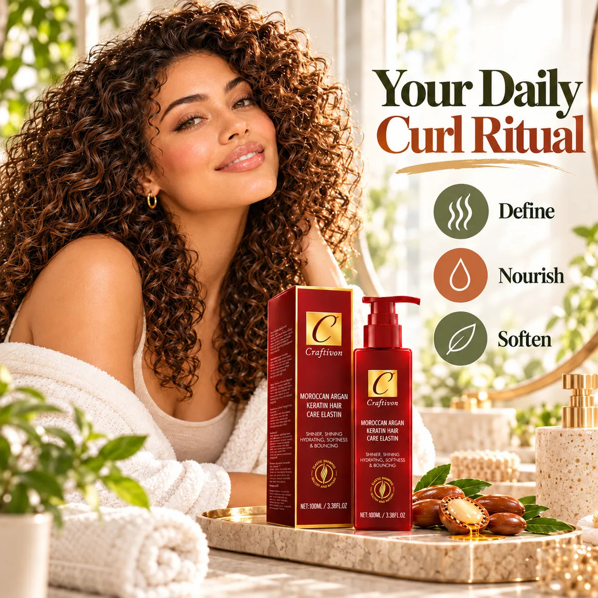 🎁Argan Oil & Avocado Curl Defining Leave-In Cream – Moisturizing Hair Styling Cream for Soft, Frizz-Controlled Curls