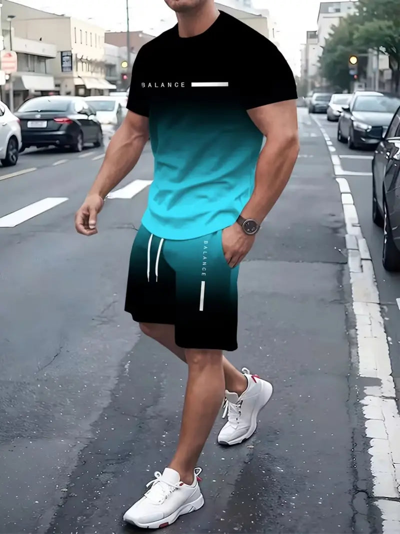 🎁 Men’s Gradient Short Sleeve Tracksuit 2-Piece Set