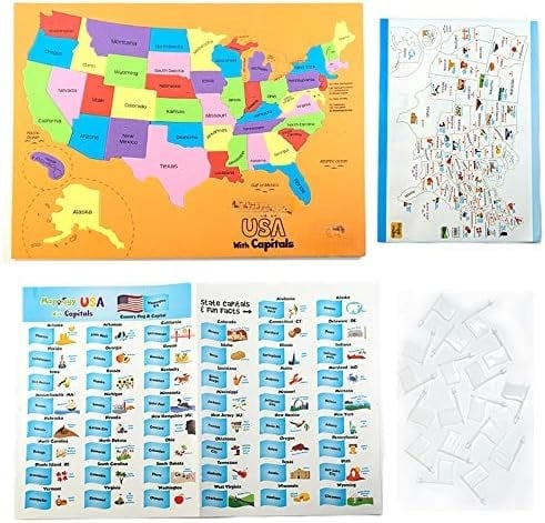 🌍USA & World Map Puzzle with Flags & Capitals 🧩– Educational Geography Jigsaw Toy for Kids Ages 5–12 (STEM Learning Set)
