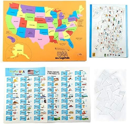 🌍USA & World Map Puzzle with Flags & Capitals 🧩– Educational Geography Jigsaw Toy for Kids Ages 5–12 (STEM Learning Set)